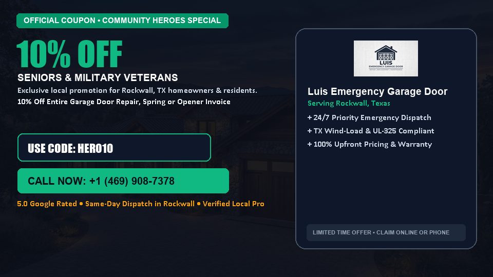 Luis Emergency Garage Door 10% OFF Seniors & Military Veterans in Rockwall, TX